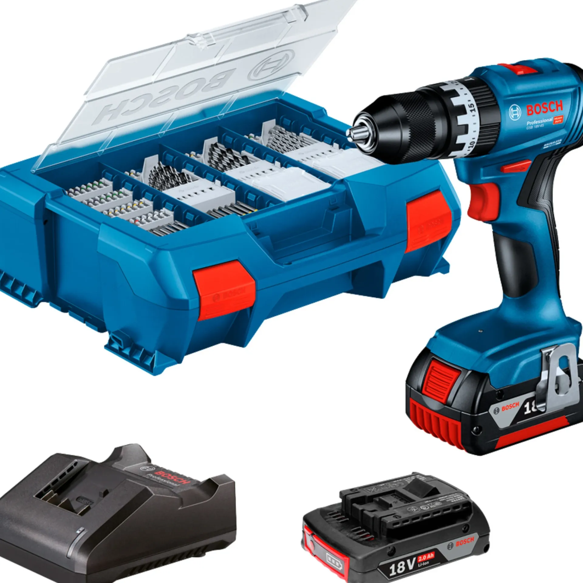 Best Bosch PRO GSB 18V-45 SLAGBOREMASKINE AKKU MED BATTERI OG LADER