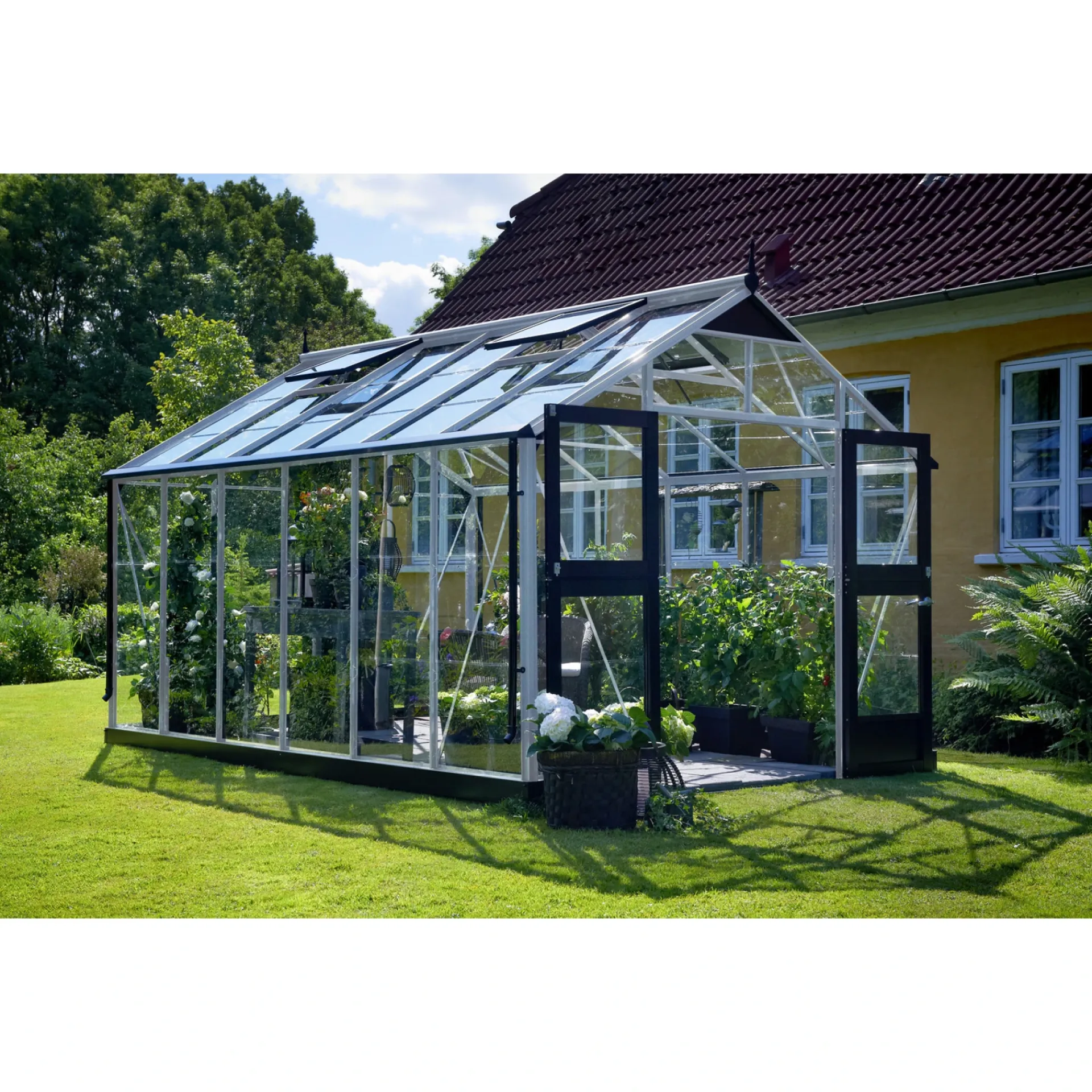 Online Juliana PREMIUM EKSKL. SOKKEL DRIVHUS 3 MM HÆRDET GLAS HELE BANER ALU 13 M²