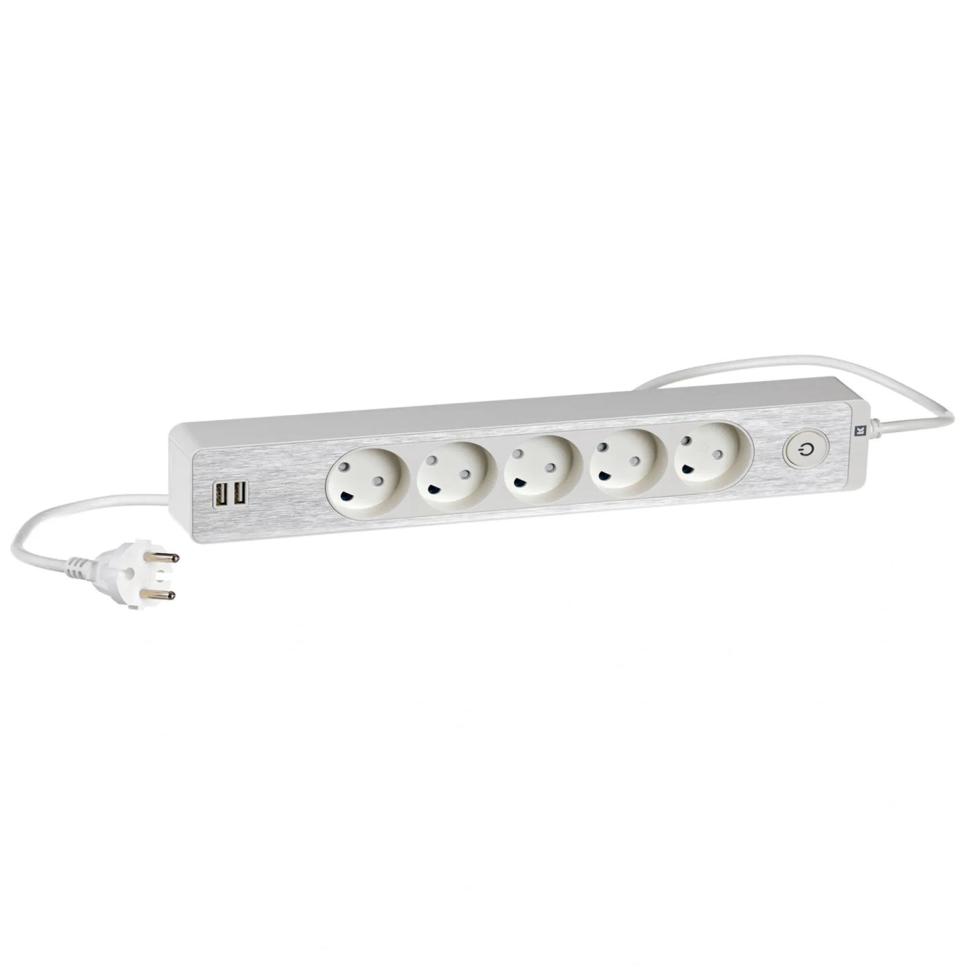 New LK STIKDÅSE 5+2 USB UDTAG M/JORD OG AFBRYDER HVID 1,5 M KABEL