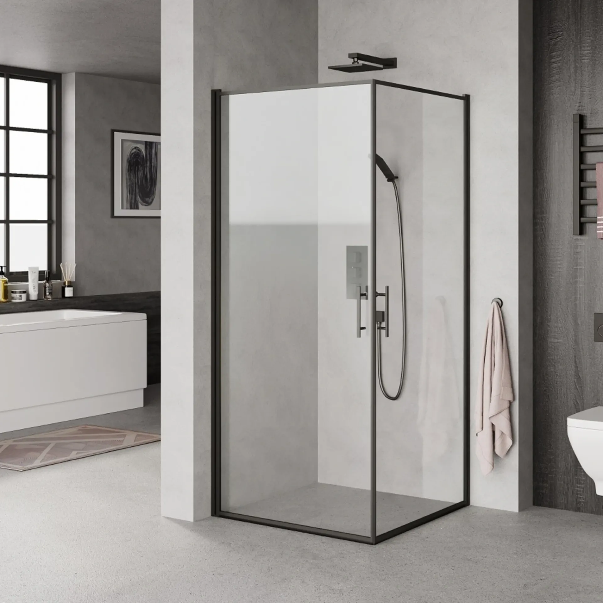 New Milobad SORT PROFIL BRUSEDØR KLART GLAS 90 CM