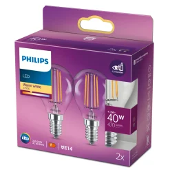 Hot Philips 2-PAK KLAR LED PÆRE KRONE E14 4W