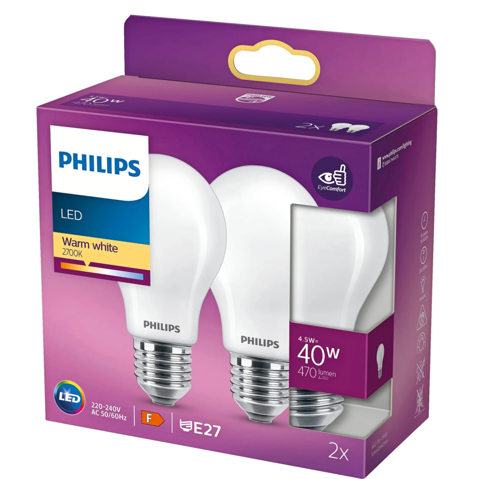 Clearance Philips 2-PAK LED PÆRE STANDARD E27 5W