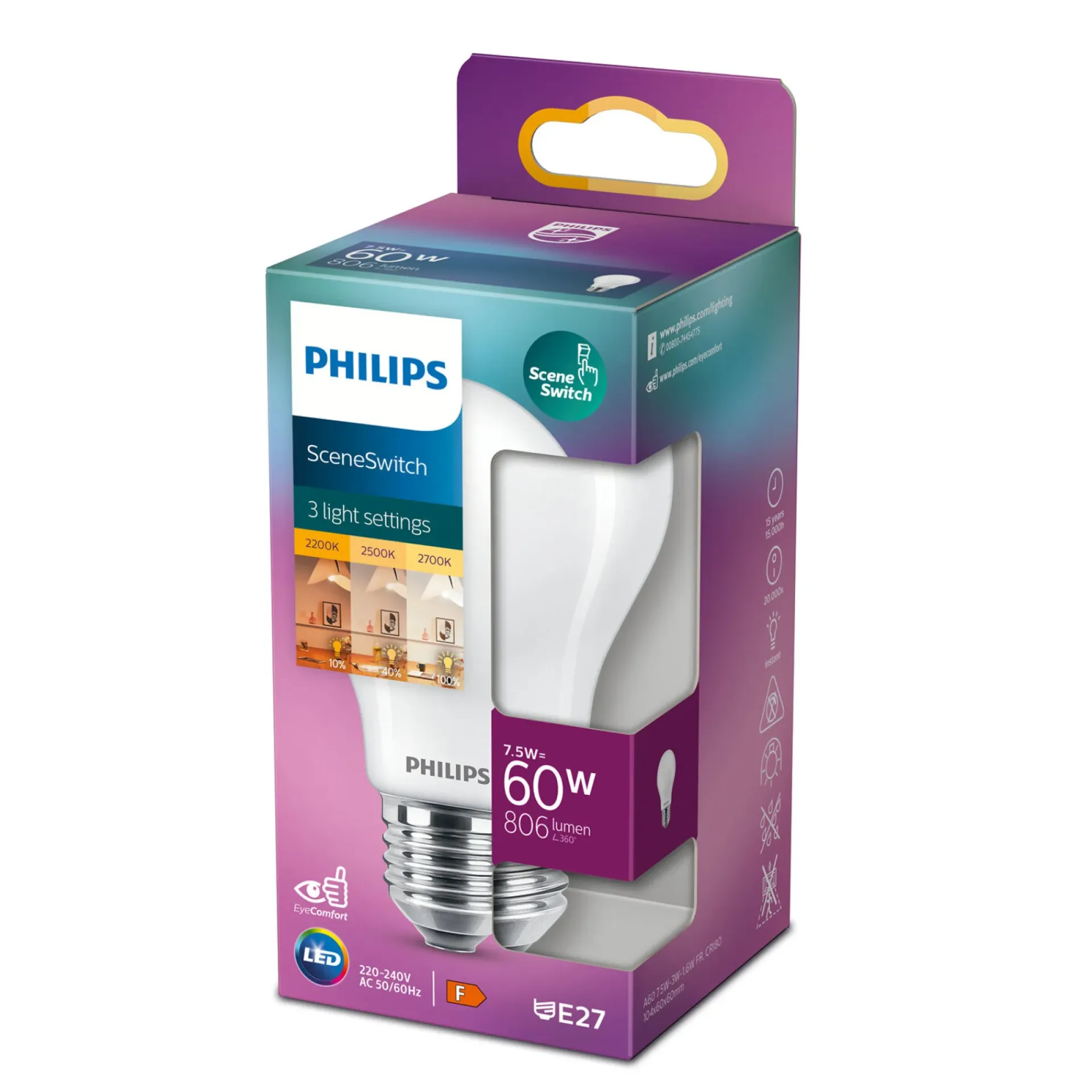 New Philips SCENESWITCH LED PÆRE STANDARD E27 8W