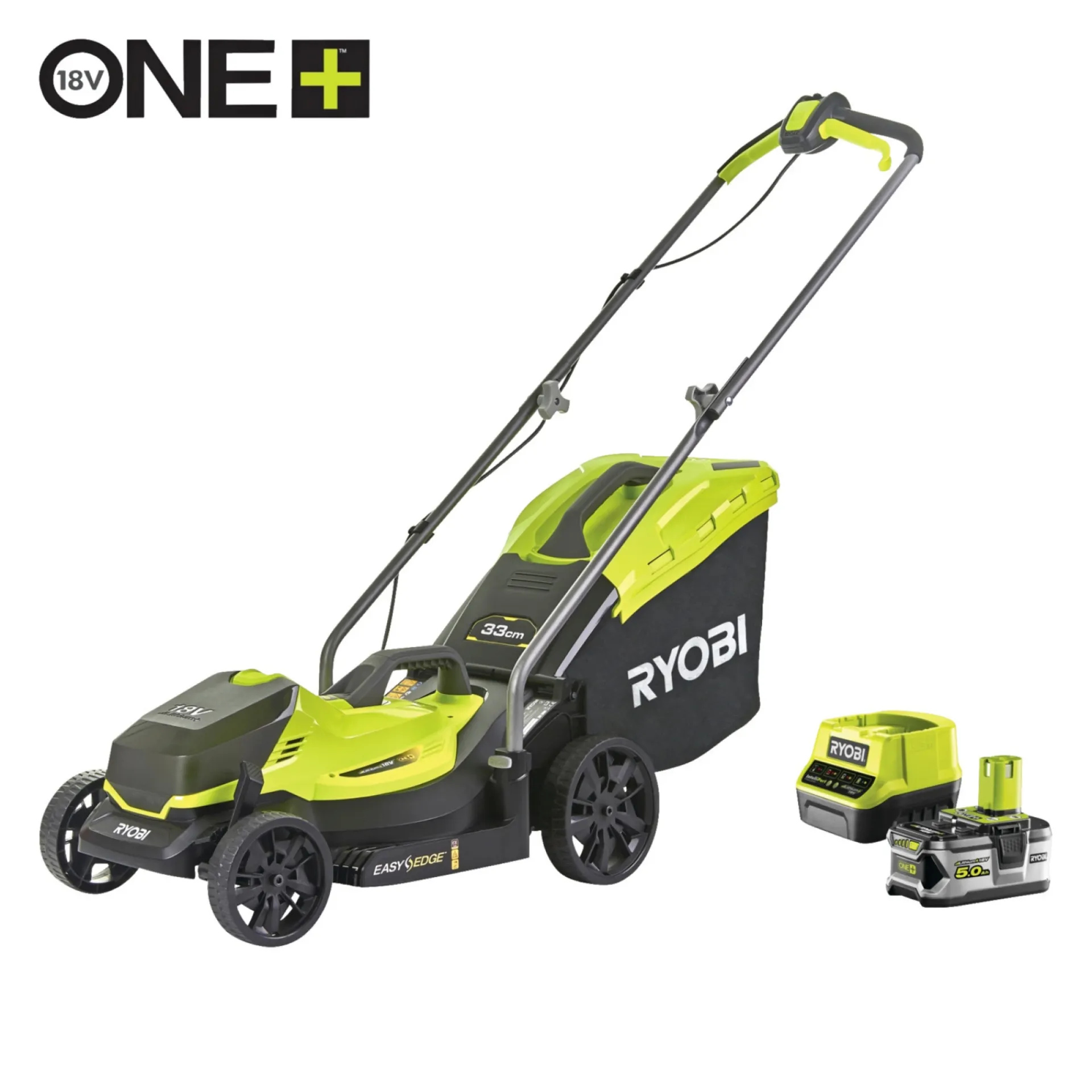 Ryobi RLM18X33B50 PLÆNEKLIPPER AKKU 18V MED BATTERI OG LADER