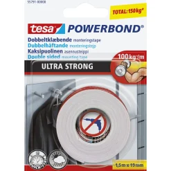 New Tesa POWERBOND ULTRA STRONG DOBBELTKLÆBENDE TAPE 1,50 M X 19 MM HVID